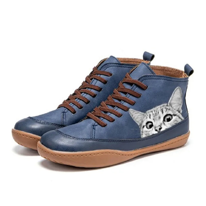 Damen Stiefeletten aus Öko-Leder mit Katzenmotiv in Blau