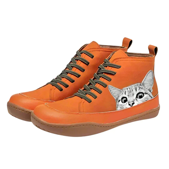 Damen Stiefeletten aus Öko-Leder mit Katzenmotiv in Orange