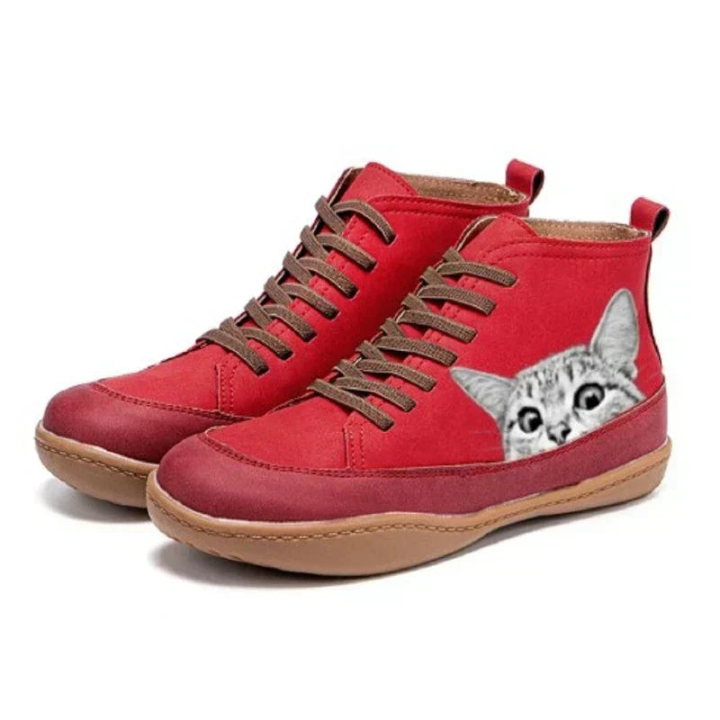 Damen Stiefeletten aus Öko-Leder mit Katzenmotiv in Rot