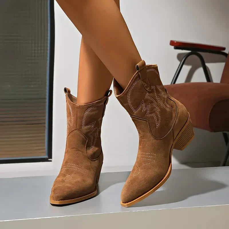 Damen Stiefeletten im Westernstil mit Blockabsatz in Braun