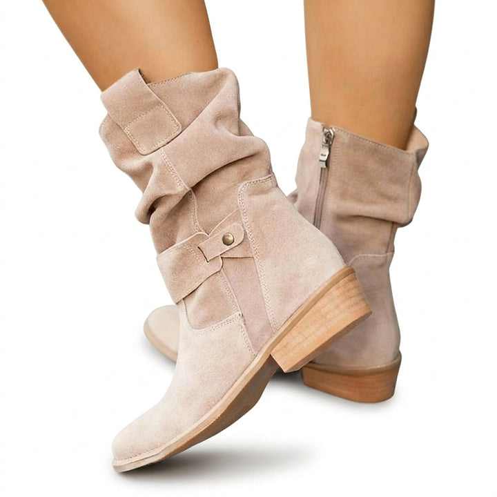 Damen Stiefeletten mit Blockabsatz aus Wildleder in Süd Beige
