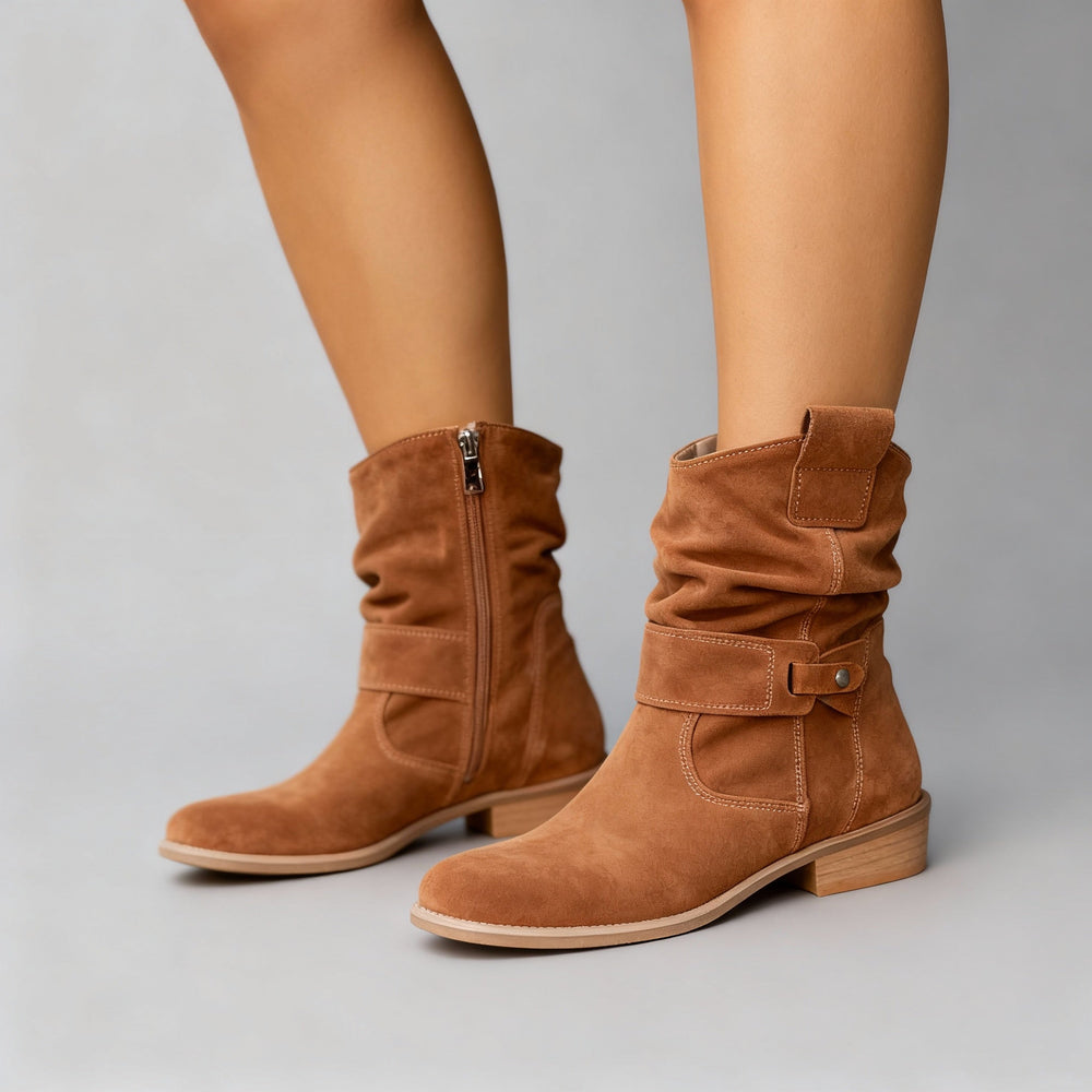 Damen Stiefeletten mit Blockabsatz aus Wildleder in Texaan Braun