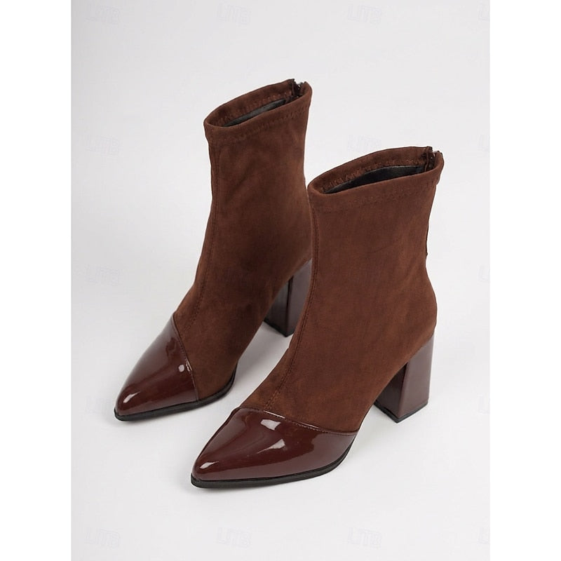 Damen Stiefeletten mit Blockabsatz und elastischem Schaft in Braun