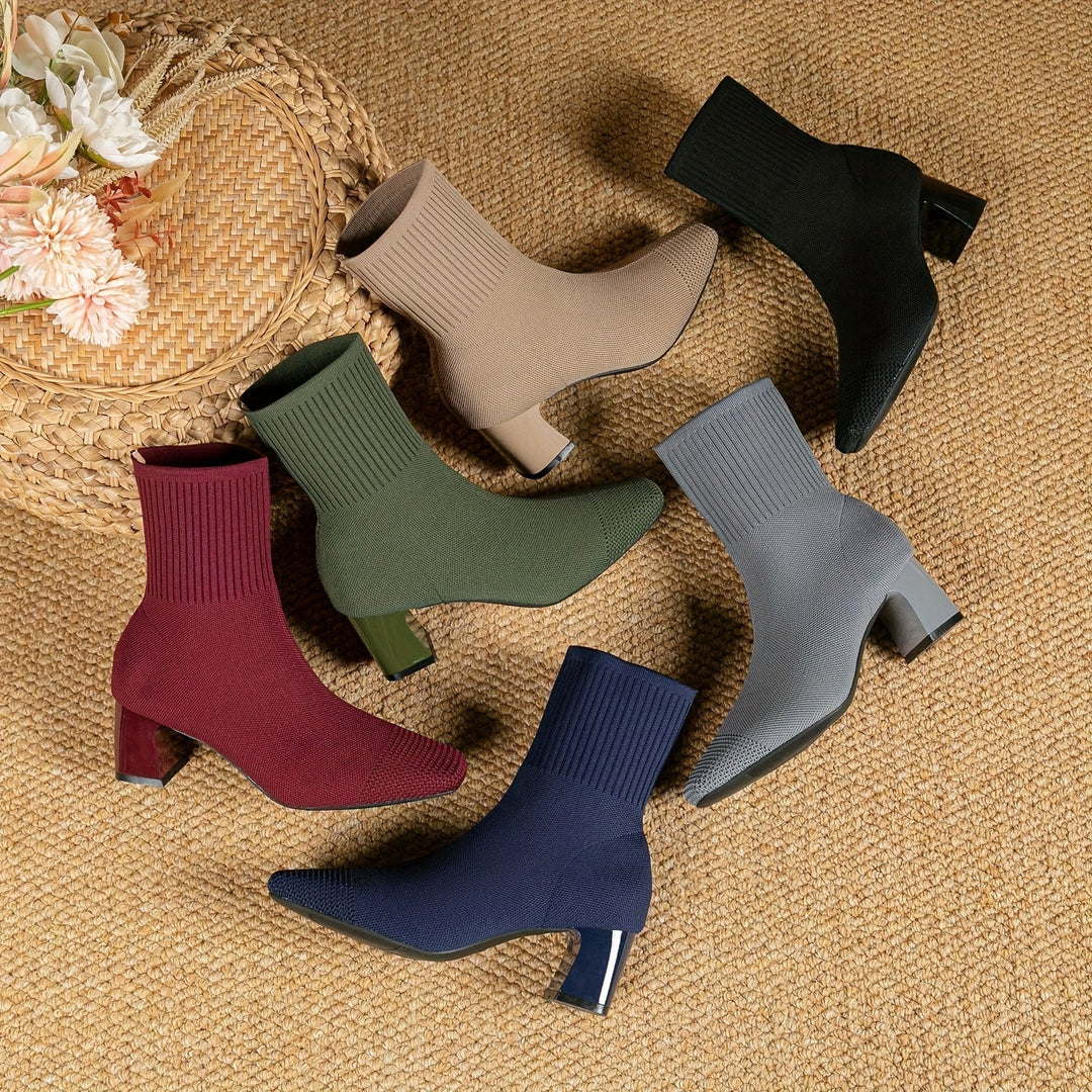 Damen Stiefeletten mit elastischem Strickschaft und Blockabsatz (3)