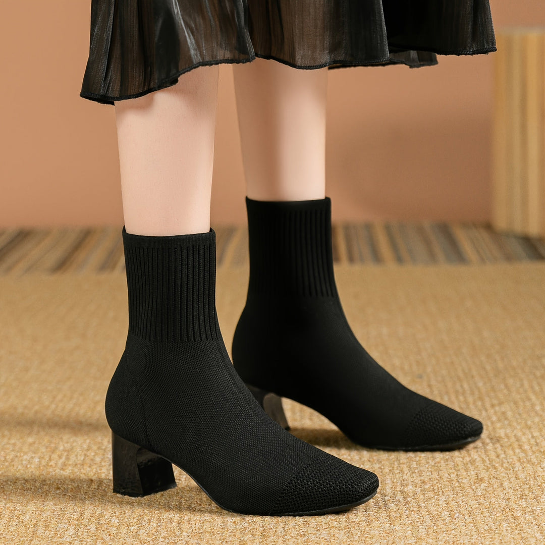 Damen Stiefeletten mit elastischem Strickschaft und Blockabsatz (4)