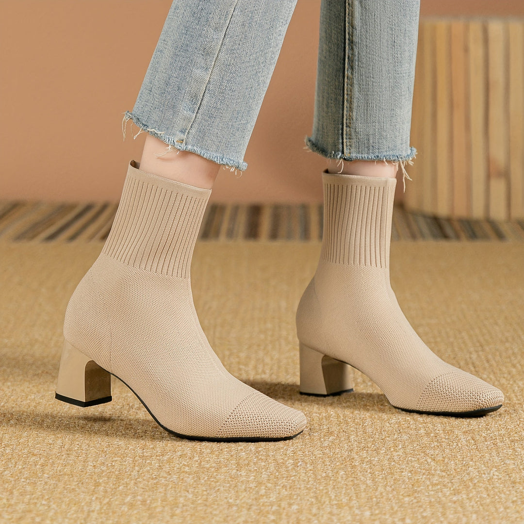 Damen Stiefeletten mit elastischem Strickschaft und Blockabsatz in Beige