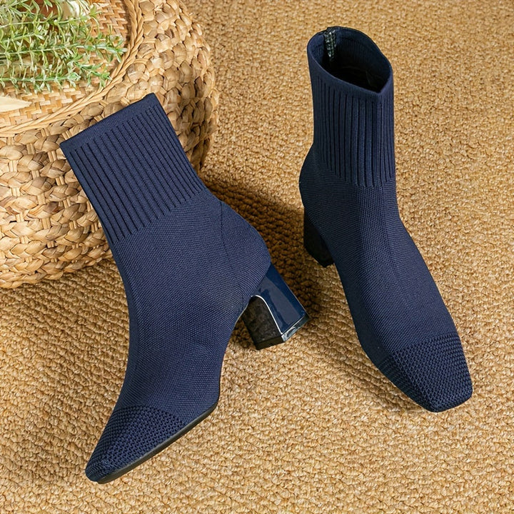 Damen Stiefeletten mit elastischem Strickschaft und Blockabsatz in Blau