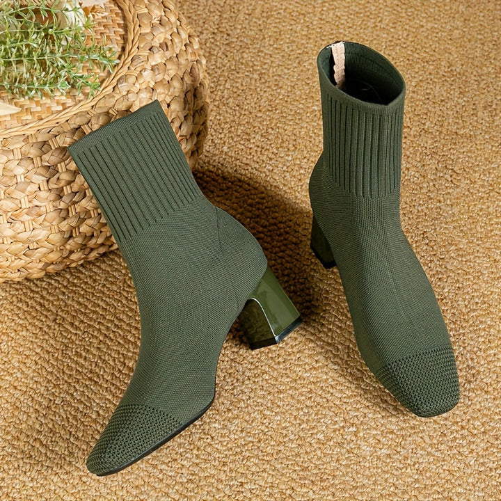 Damen Stiefeletten mit elastischem Strickschaft und Blockabsatz in Grün