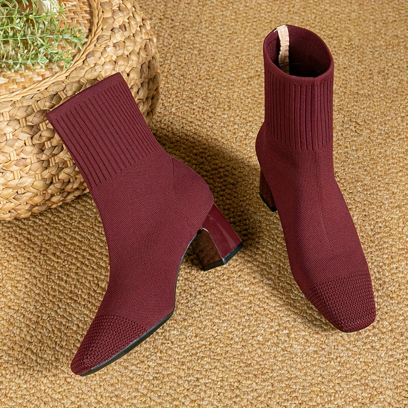 Damen Stiefeletten mit elastischem Strickschaft und Blockabsatz in Rot