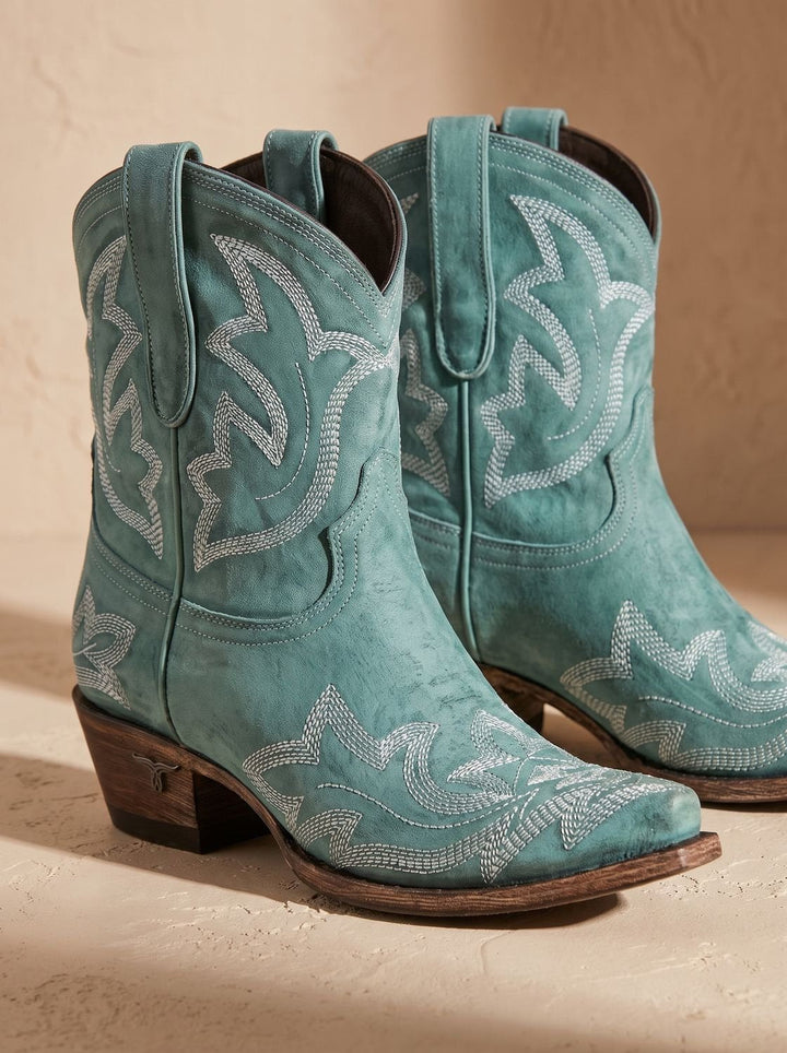 Damen Stiefeletten mit Western-Stickerei und Blockabsatz in Grün