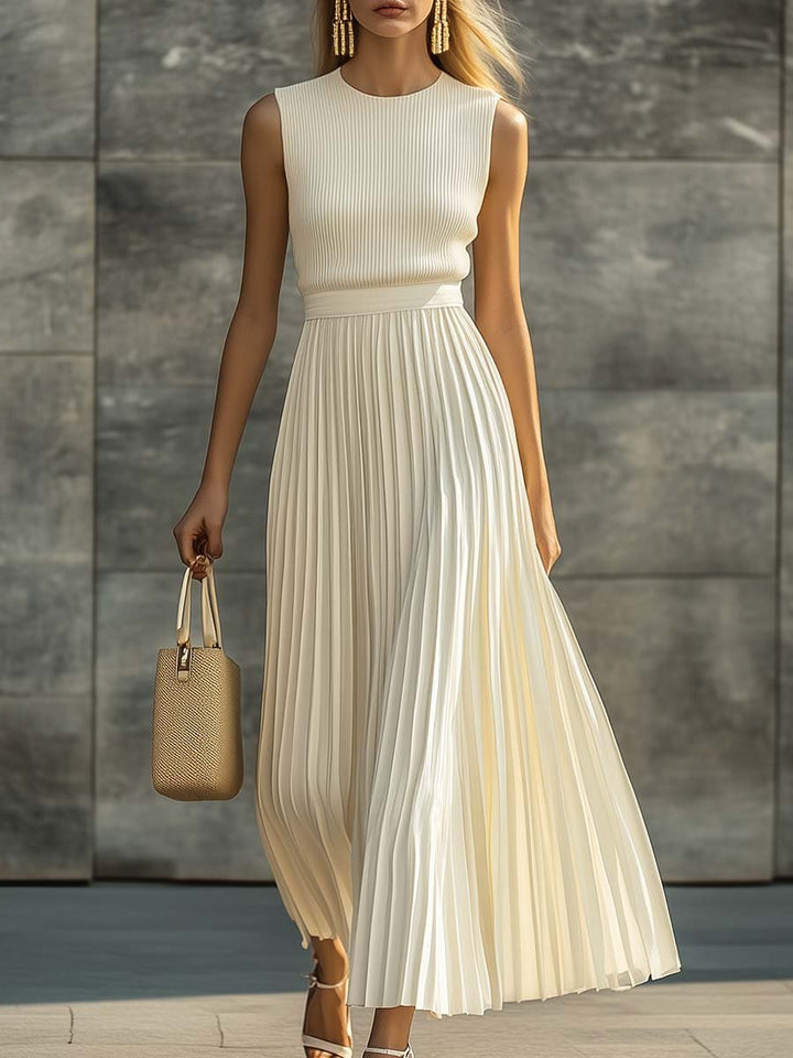 Damen Strick-Abendkleid Lang mit Chiffon in Creme