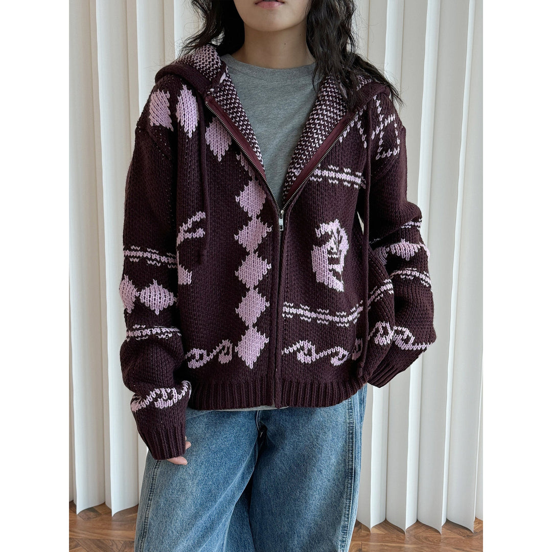Damen Strickjacke aus Grobstrick im Norweger-Stil in Dunkelbraun
