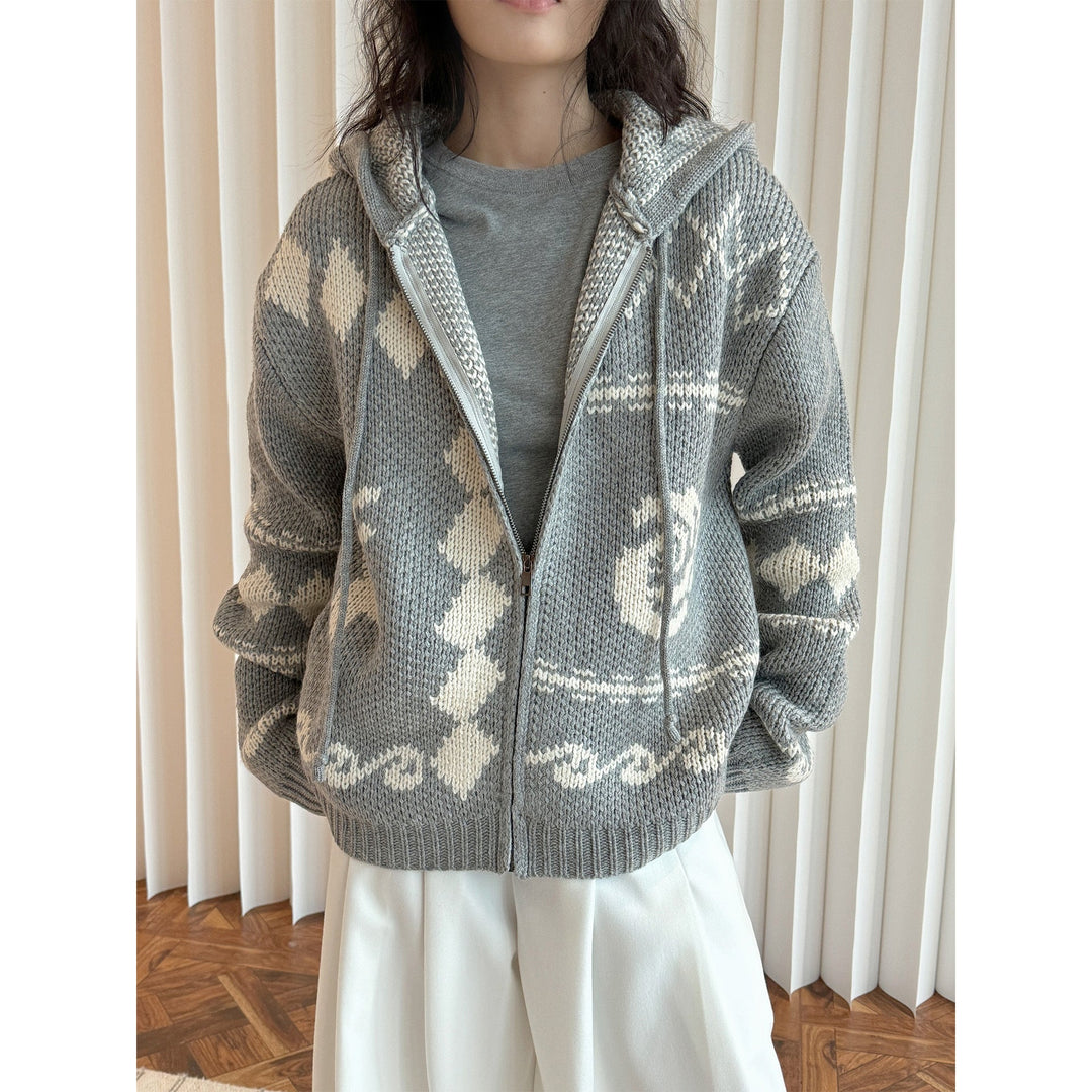 Damen Strickjacke aus Grobstrick im Norweger-Stil in Grau