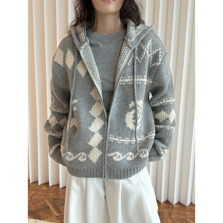 Damen Strickjacke aus Grobstrick im Norweger-Stil in Grau
