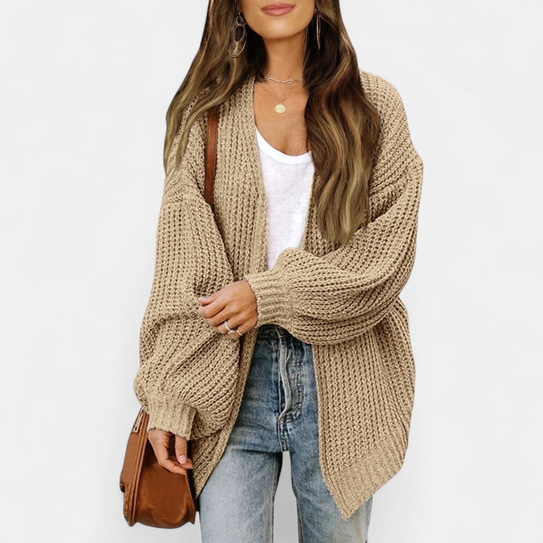 Damen Strickjacke aus Grobstrick mit Ballonärmeln in Khaki