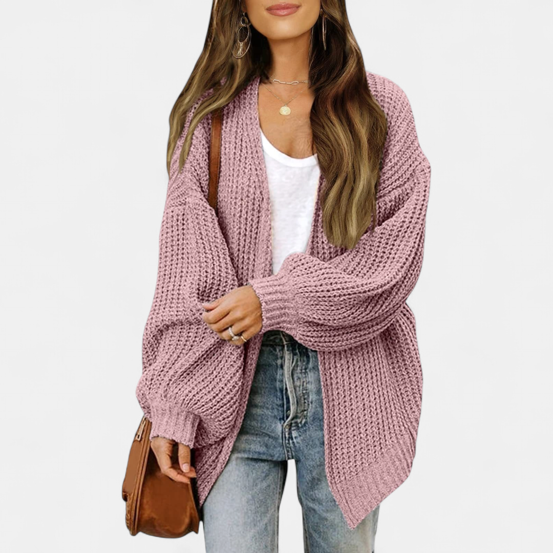 Damen Strickjacke aus Grobstrick mit Ballonärmeln in Rosa