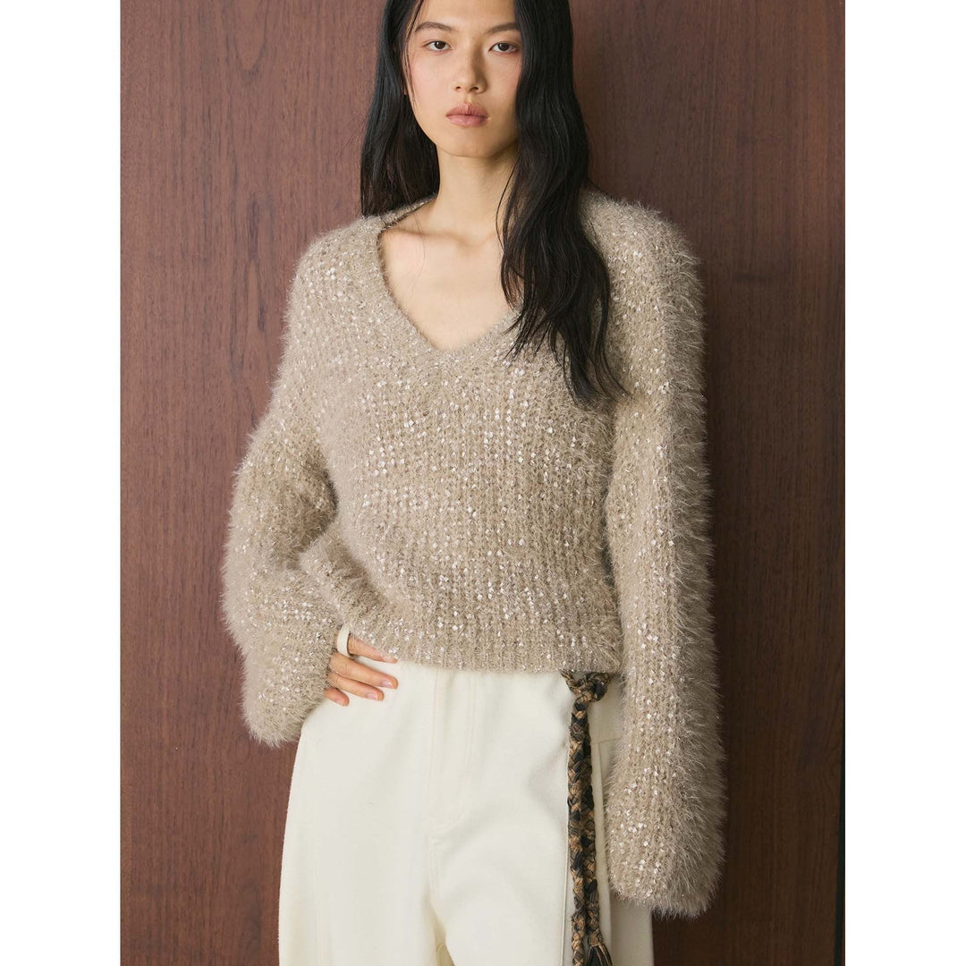 Damen Strickjacke aus Mohair-Optik mit Glitzerfäden in Hellkhaki