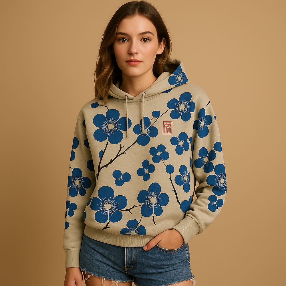 Damen Strickjacke bedruckt mit Kapuze in Blau