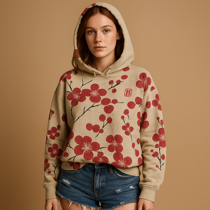 Damen Strickjacke bedruckt mit Kapuze in Rot