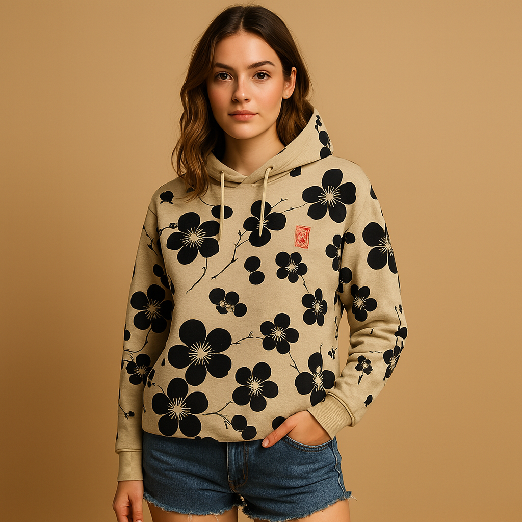 Damen Strickjacke bedruckt mit Kapuze in Schwarz