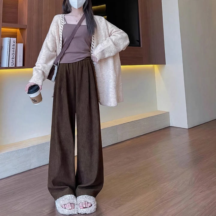 Damen Strickjacke Cord-Hose mit hohem Bund in Dunkelkaffee Ultraweich Verlängert
