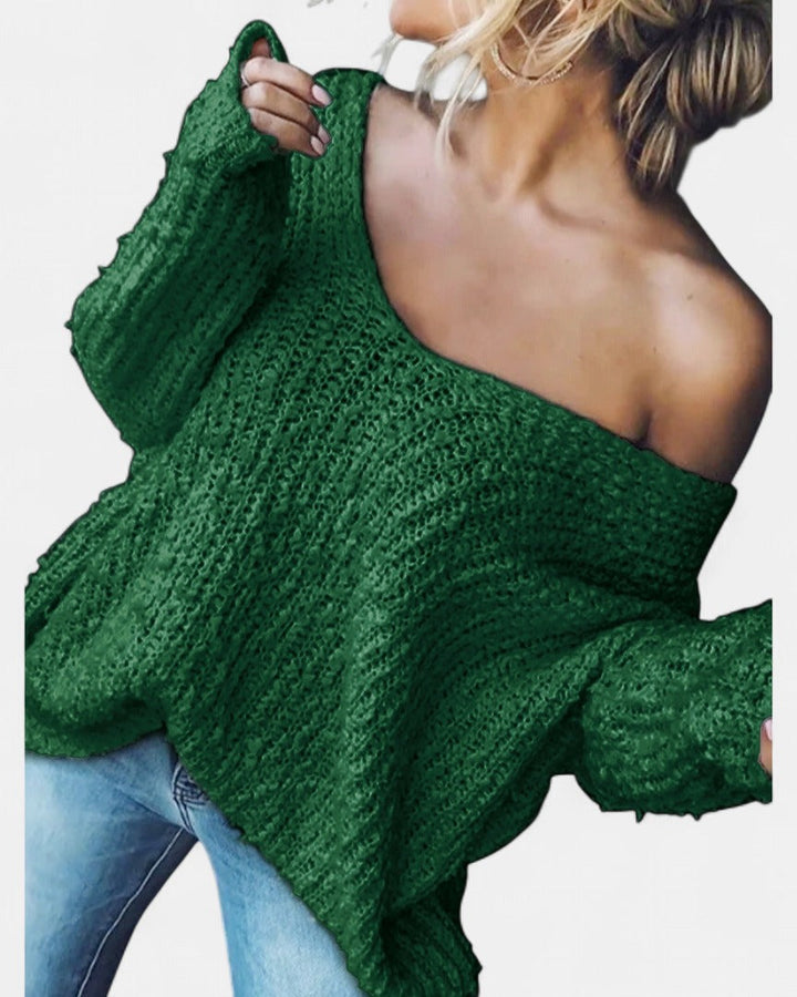 Damen Strickjacke Grobstrick Oversized Off-Shoulder in Dunkelgrün