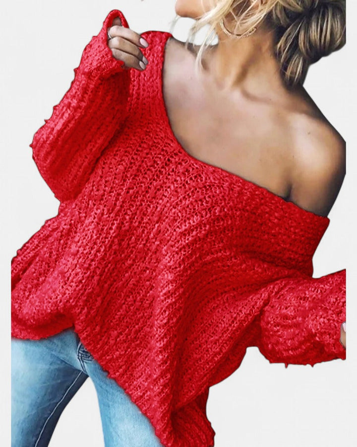Damen Strickjacke Grobstrick Oversized Off-Shoulder in Dunkelrot