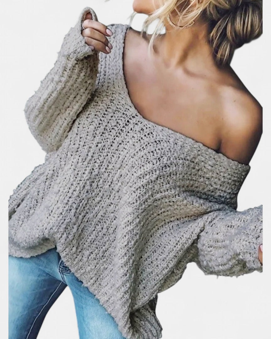 Damen Strickjacke Grobstrick Oversized Off-Shoulder in Grau
