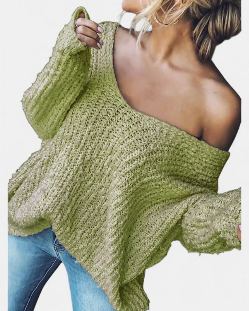 Damen Strickjacke Grobstrick Oversized Off-Shoulder in Grün