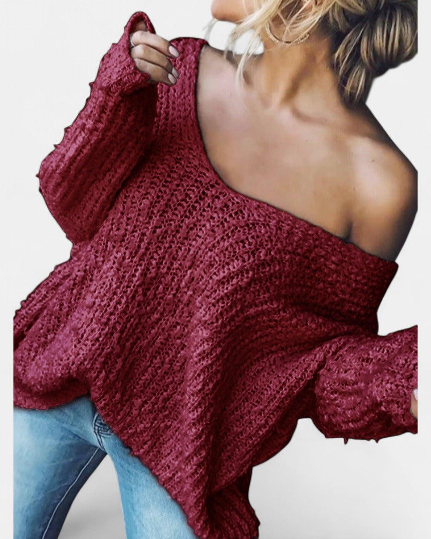 Damen Strickjacke Grobstrick Oversized Off-Shoulder in Rot