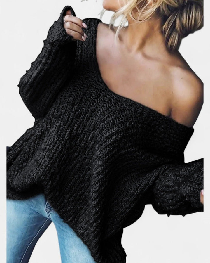 Damen Strickjacke Grobstrick Oversized Off-Shoulder in Schwarz