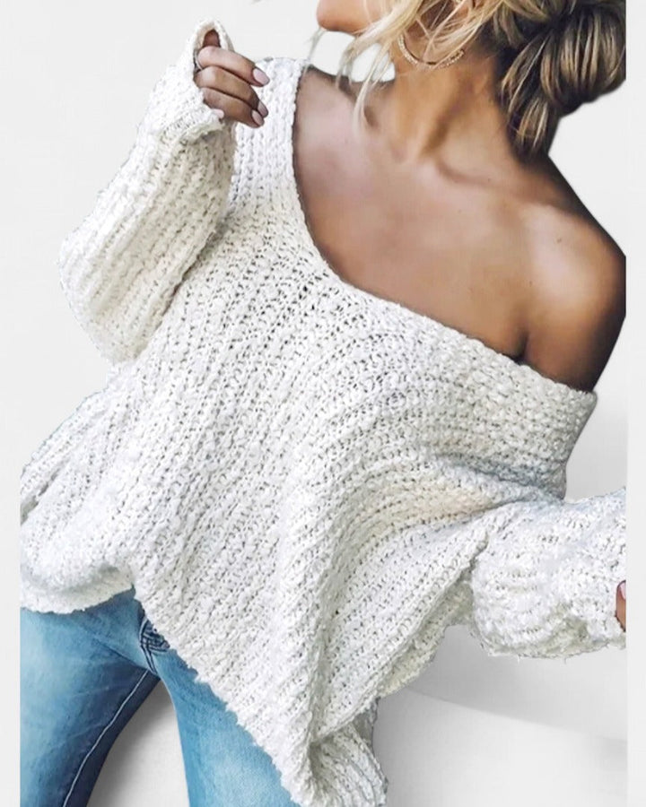 Damen Strickjacke Grobstrick Oversized Off-Shoulder in Weiß