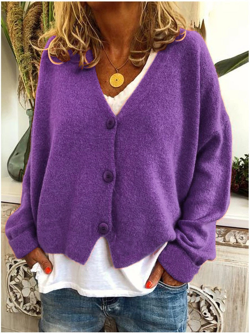 Damen Strickjacke hüftlang mit Knopfleiste in Lila