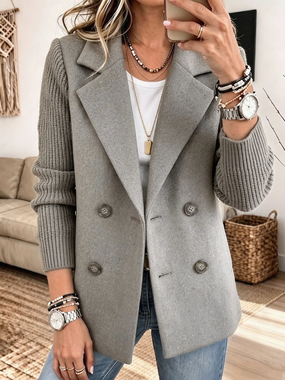 Damen Strickjacke im Blazer-Stil mit Reverskragen in Hellgrau
