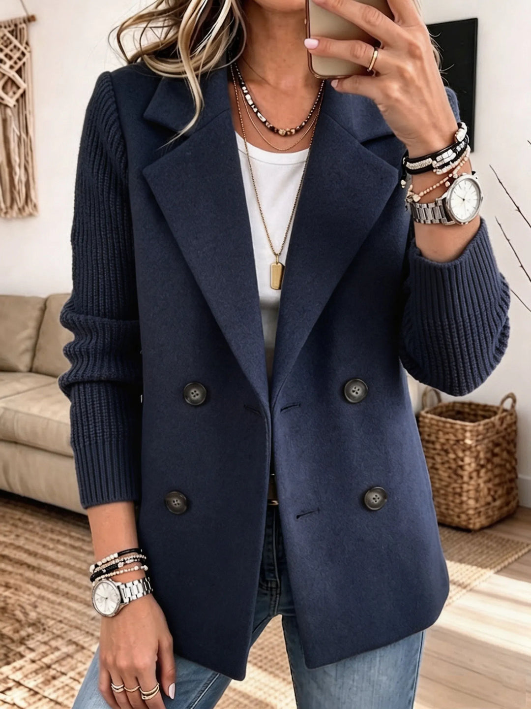 Damen Strickjacke im Blazer-Stil mit Reverskragen in Marineblau