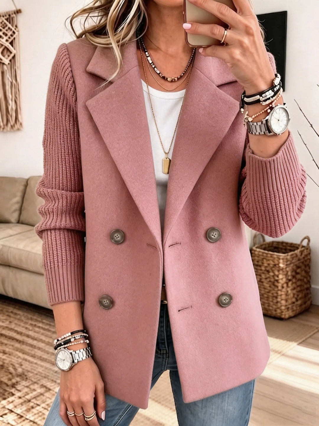 Damen Strickjacke im Blazer-Stil mit Reverskragen in Rosa
