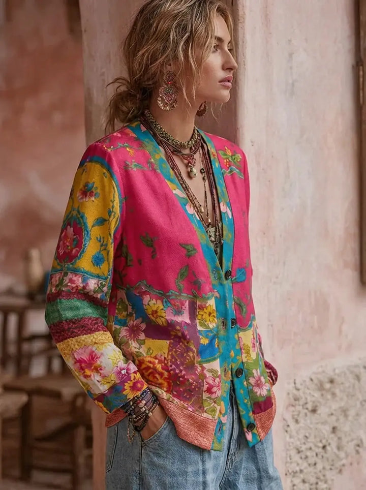 Damen Strickjacke im Boho-Vintage-Stil mit Blüten (2)