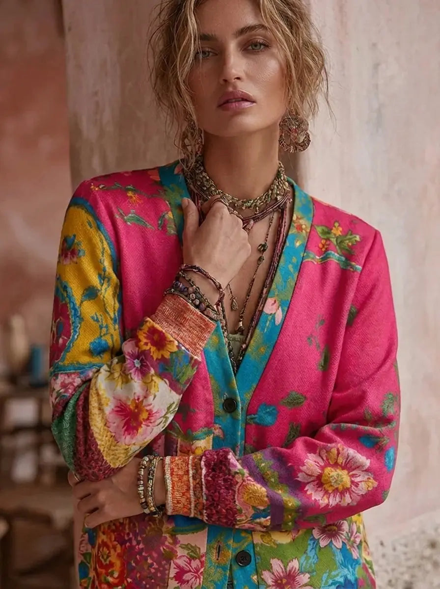 Damen Strickjacke im Boho-Vintage-Stil mit Blüten (3)