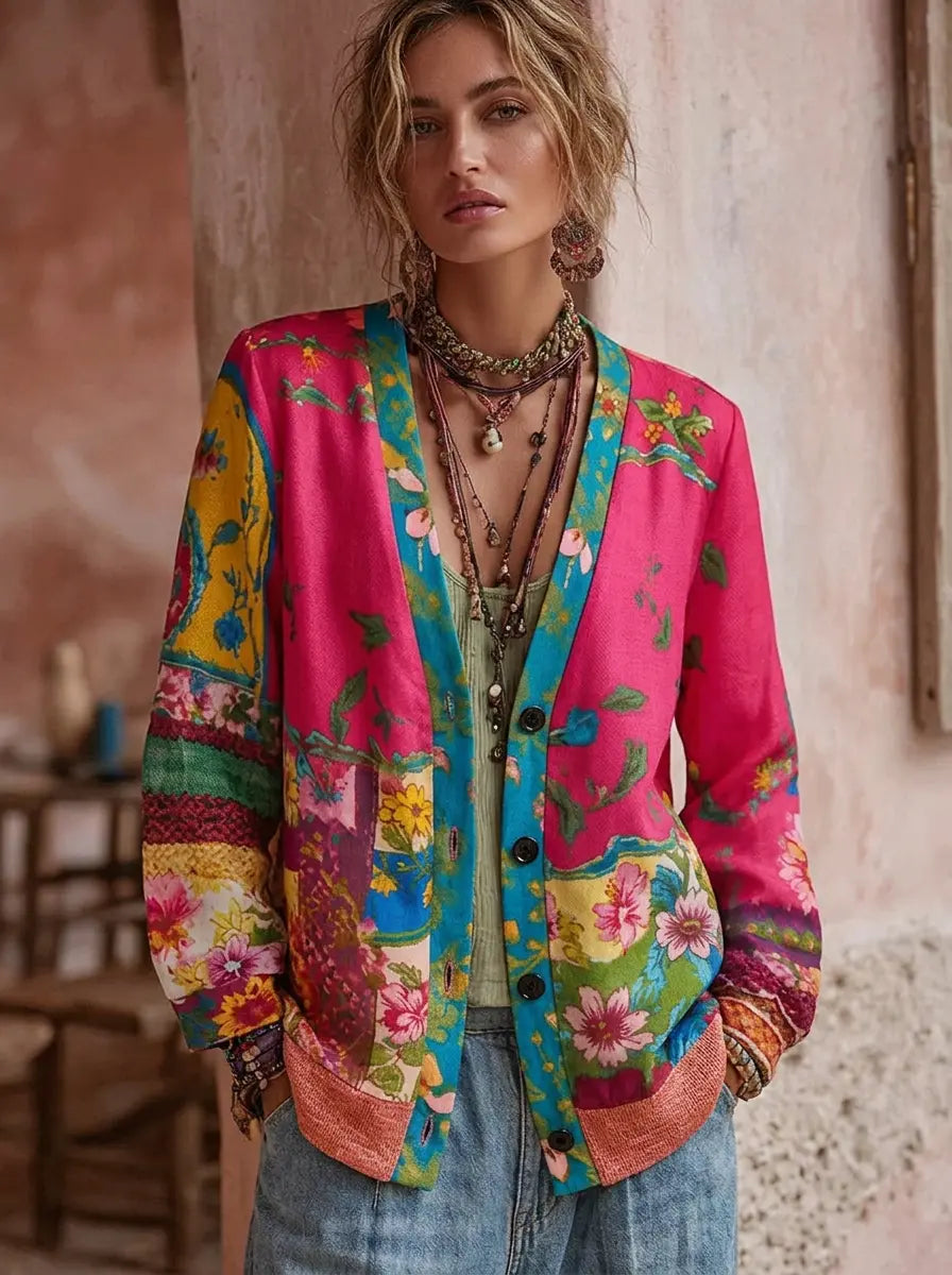 Damen Strickjacke im Boho-Vintage-Stil mit Blüten in Rosa
