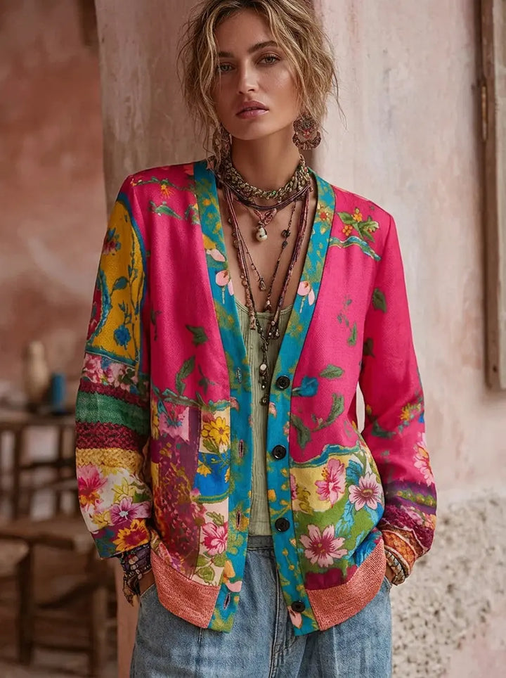 Damen Strickjacke im Boho-Vintage-Stil mit Blüten in Rosa
