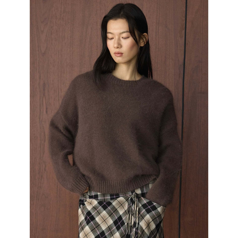Damen Strickjacke im Boxy-Schnitt aus flauschiger Mohair in Grau-Braun