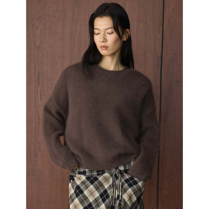 Damen Strickjacke im Boxy-Schnitt aus flauschiger Mohair in Grau-Braun