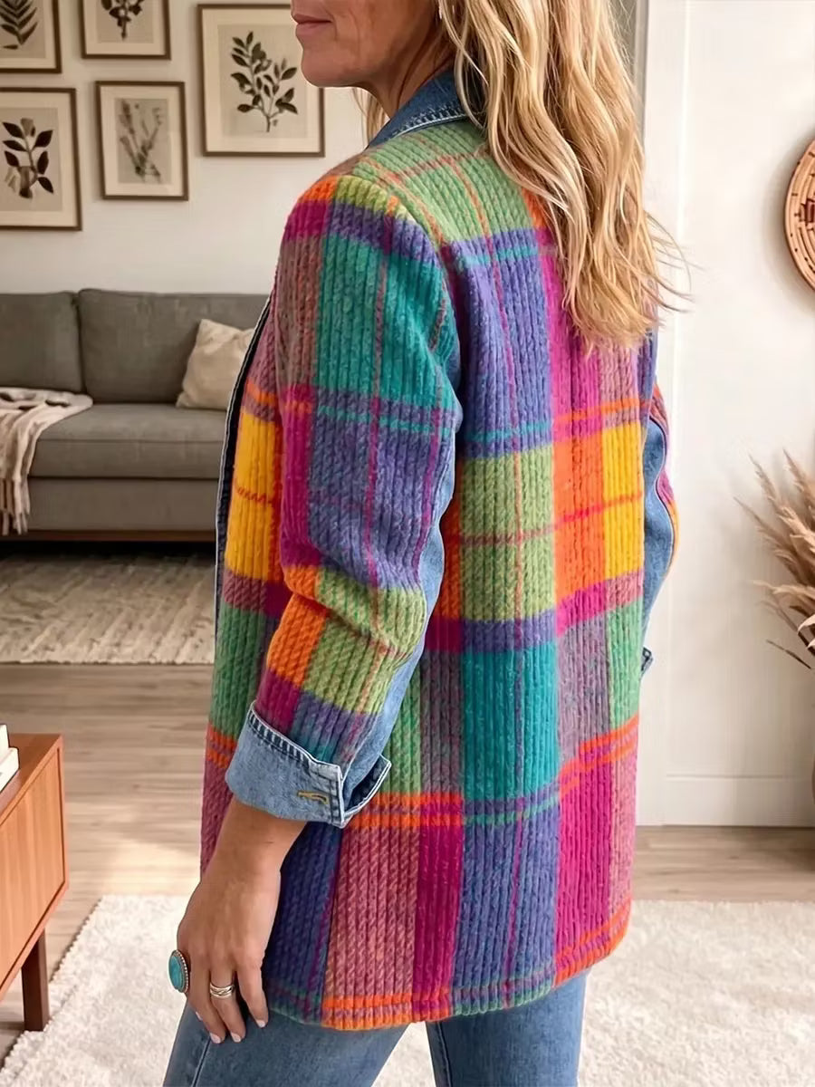Damen Strickjacke im Karomuster mit Denim (2)