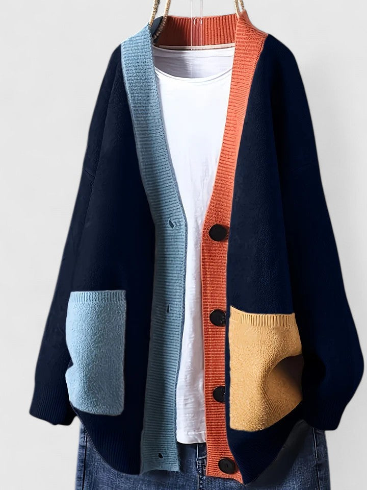 Damen Strickjacke im Oversized-Stil mit Taschen in Marineblau