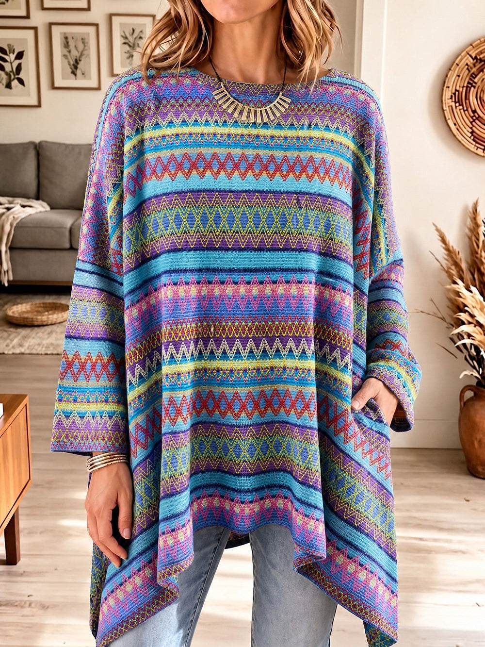 Damen Strickjacke im Poncho-Stil mit Taschen in Blau
