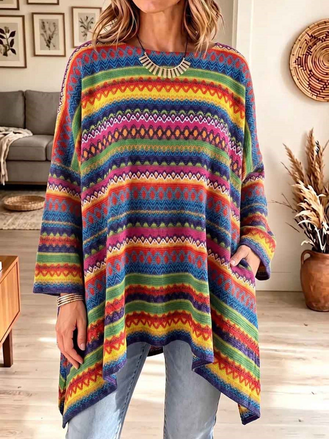 Damen Strickjacke im Poncho-Stil mit Taschen in Mehrfarbig