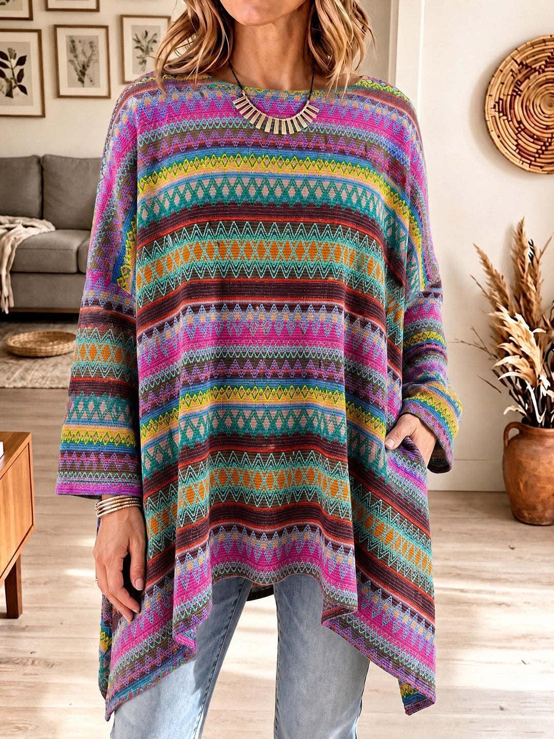 Damen Strickjacke im Poncho-Stil mit Taschen in Rosa