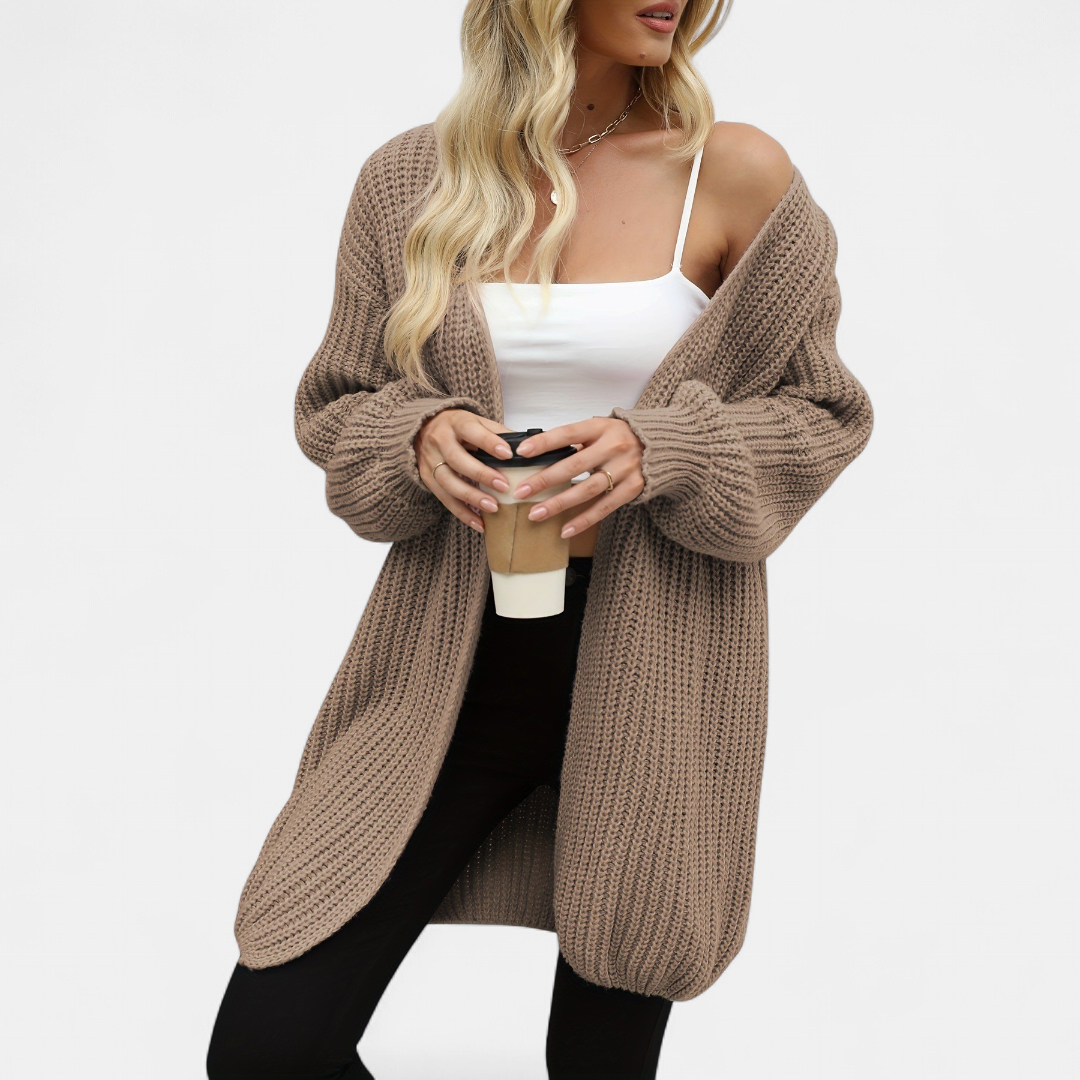 Damen Strickjacke lang im Oversize-Schnitt in Kamel
