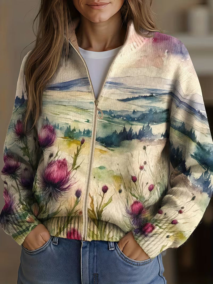 Damen Strickjacke mit Aquarellmuster für Herbst
