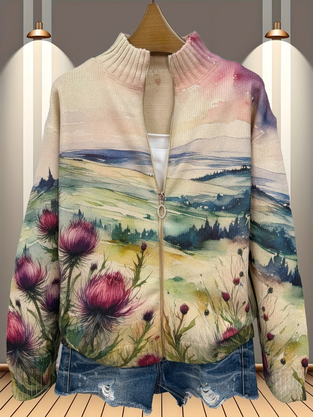 Damen Strickjacke mit Aquarellmuster für Herbst (2)